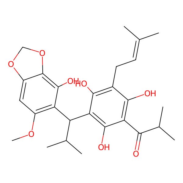 2D Structure of 2-methyl-1-[2,4,6-trihydroxy-3-[(1R)-1-(4-hydroxy-6-methoxy-1,3-benzodioxol-5-yl)-2-methylpropyl]-5-(3-methylbut-2-enyl)phenyl]propan-1-one