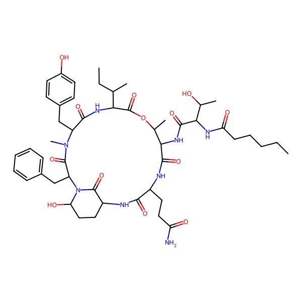 2D Structure of N-[1-[[15-(3-amino-3-oxopropyl)-2-benzyl-8-butan-2-yl-21-hydroxy-5-[(4-hydroxyphenyl)methyl]-4,11-dimethyl-3,6,9,13,16,22-hexaoxo-10-oxa-1,4,7,14,17-pentazabicyclo[16.3.1]docosan-12-yl]amino]-3-hydroxy-1-oxobutan-2-yl]hexanamide