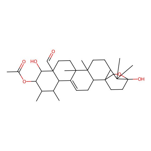 2D Structure of (11-Formyl-10,20-dihydroxy-7,8,14,15,19,19-hexamethyl-21-oxahexacyclo[18.2.2.01,18.02,15.05,14.06,11]tetracos-4-en-9-yl) acetate