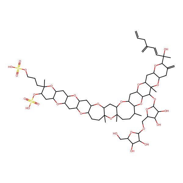2D Structure of [(1R,3S,5R,7S,9R,11S,13R,14R,16R,18S,20R,22S,25R,27S,30S,31R,33S,34R,35R,37S,40S,42R,44S,46R,48S)-34-[(2R,3R,4R,5S)-5-[[(2R,3R,4S,5R)-3,4-dihydroxy-5-(hydroxymethyl)oxolan-2-yl]oxymethyl]-3,4-dihydroxyoxolan-2-yl]oxy-40-[(2R,3E)-2-hydroxy-5-methylideneocta-3,7-dien-2-yl]-13,25,27,30,35-pentamethyl-39-methylidene-13-(3-sulfooxypropyl)-4,8,12,17,21,26,32,36,41,45,49-undecaoxaundecacyclo[25.22.0.03,25.05,22.07,20.09,18.011,16.031,48.033,46.035,44.037,42]nonatetracontan-14-yl] hydrogen sulfate