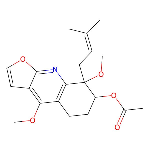 2D Structure of 4,8-Dimethoxy-8-(3-methylbut-2-en-1-yl)-5,6,7,8-tetrahydrofuro[2,3-b]quinolin-7-yl acetate