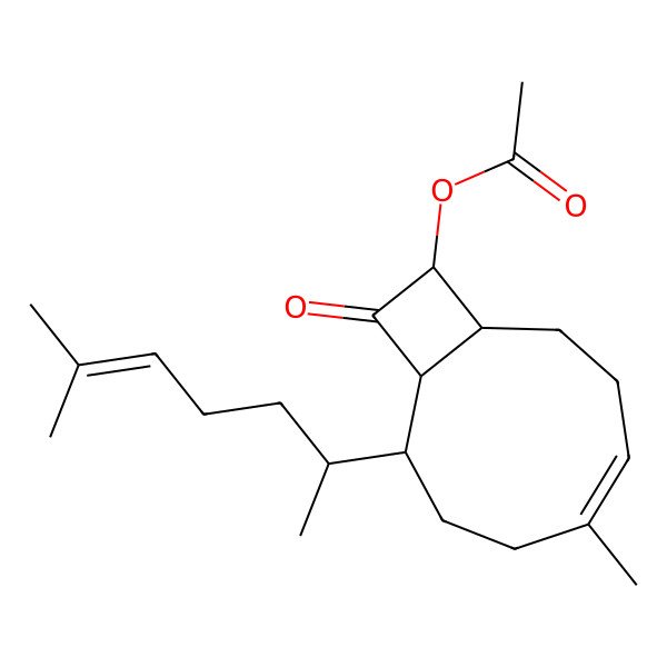 2D Structure of [(2R,5E,10S)-5-methyl-2-[(2R)-6-methylhept-5-en-2-yl]-11-oxo-10-bicyclo[7.2.0]undec-5-enyl] acetate
