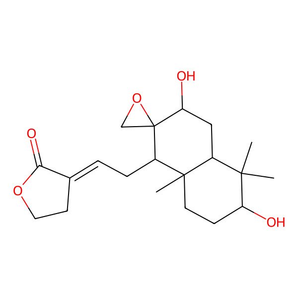 2D Structure of (3E)-3-[2-[(1R,2S,3S,4aR,6S,8aR)-3,6-dihydroxy-5,5,8a-trimethylspiro[3,4,4a,6,7,8-hexahydro-1H-naphthalene-2,2'-oxirane]-1-yl]ethylidene]oxolan-2-one