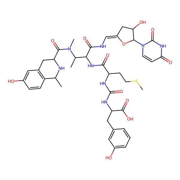 2D Structure of 2-[[1-[[1-[[5-(2,4-Dioxopyrimidin-1-yl)-4-hydroxyoxolan-2-ylidene]methylamino]-3-[(6-hydroxy-1-methyl-1,2,3,4-tetrahydroisoquinoline-3-carbonyl)-methylamino]-1-oxobutan-2-yl]amino]-4-methylsulfanyl-1-oxobutan-2-yl]carbamoylamino]-3-(3-hydroxyphenyl)propanoic acid