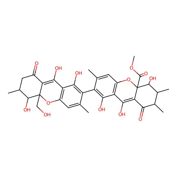2D Structure of methyl 4,8,9-trihydroxy-2,3,6-trimethyl-1-oxo-7-[1,5,9-trihydroxy-10a-(hydroxymethyl)-3,6-dimethyl-8-oxo-6,7-dihydro-5H-xanthen-2-yl]-3,4-dihydro-2H-xanthene-4a-carboxylate