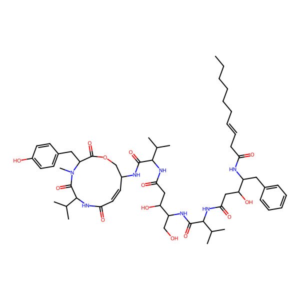 2D Structure of N-[5-[[1-[[1,3-dihydroxy-5-[[1-[[3-[(4-hydroxyphenyl)methyl]-4-methyl-2,5,8-trioxo-6-propan-2-yl-1-oxa-4,7-diazacyclododec-9-en-11-yl]amino]-3-methyl-1-oxobutan-2-yl]amino]-5-oxopentan-2-yl]amino]-3-methyl-1-oxobutan-2-yl]amino]-3-hydroxy-5-oxo-1-phenylpentan-2-yl]dec-3-enamide