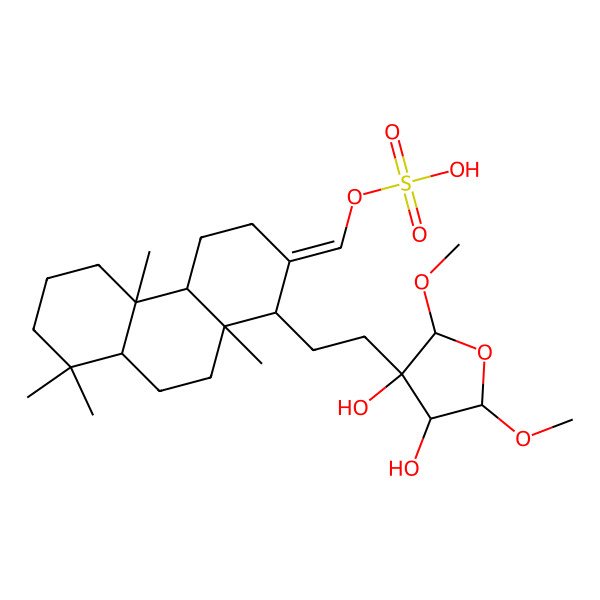 2D Structure of [(E)-[(1R,4aR,4bS,8aS,10aS)-1-[2-[(2S,3S,4R,5R)-3,4-dihydroxy-2,5-dimethoxyoxolan-3-yl]ethyl]-4b,8,8,10a-tetramethyl-1,3,4,4a,5,6,7,8a,9,10-decahydrophenanthren-2-ylidene]methyl] hydrogen sulfate