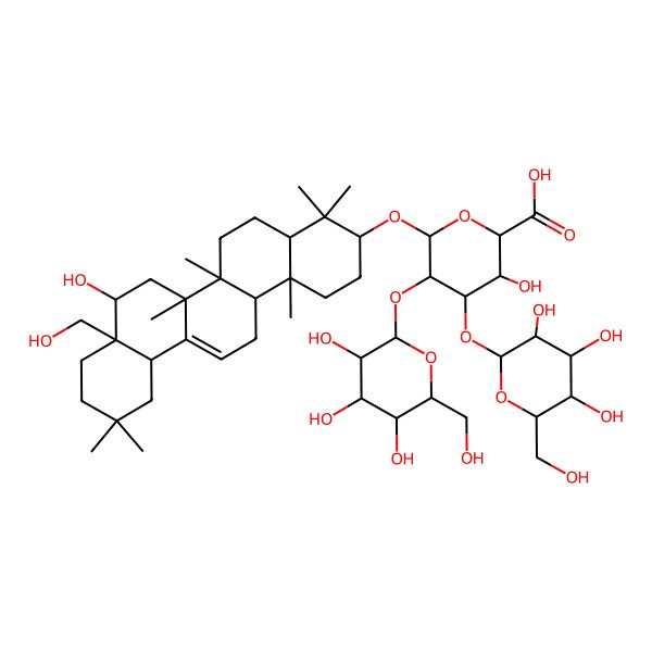 2D Structure of (2S,3S,4S,5R,6R)-6-[[(3S,4aR,6aR,6bS,8R,8aS,12aS,14aR,14bR)-8-hydroxy-8a-(hydroxymethyl)-4,4,6a,6b,11,11,14b-heptamethyl-1,2,3,4a,5,6,7,8,9,10,12,12a,14,14a-tetradecahydropicen-3-yl]oxy]-3-hydroxy-4-[(2R,3R,4S,5R,6R)-3,4,5-trihydroxy-6-(hydroxymethyl)oxan-2-yl]oxy-5-[(2S,3R,4S,5S,6R)-3,4,5-trihydroxy-6-(hydroxymethyl)oxan-2-yl]oxyoxane-2-carboxylic acid