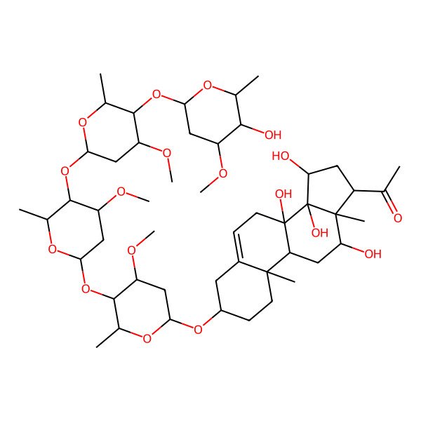 2D Structure of 1-[(3R,8S,9S,10R,12R,13S,14S,15R,17R)-8,12,14,15-tetrahydroxy-3-[(2R,4R,5R,6R)-5-[(2S,4R,5R,6R)-5-[(2S,4R,5R,6R)-5-[(2S,4R,5R,6R)-5-hydroxy-4-methoxy-6-methyloxan-2-yl]oxy-4-methoxy-6-methyloxan-2-yl]oxy-4-methoxy-6-methyloxan-2-yl]oxy-4-methoxy-6-methyloxan-2-yl]oxy-10,13-dimethyl-2,3,4,7,9,11,12,15,16,17-decahydro-1H-cyclopenta[a]phenanthren-17-yl]ethanone