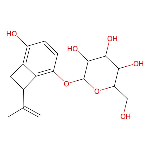 2D Structure of 7-isopropenylbicyclo[4.2.0]octa-1,3,5-triene-2,5-diol,5-beta-D-glucopyranoside
