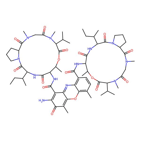 2D Structure of 2-amino-1-N,9-N-bis(3-butan-2-yl-7,11,14-trimethyl-2,5,9,12,15-pentaoxo-10-propan-2-yl-8-oxa-1,4,11,14-tetrazabicyclo[14.3.0]nonadecan-6-yl)-4,6-dimethyl-3-oxophenoxazine-1,9-dicarboxamide