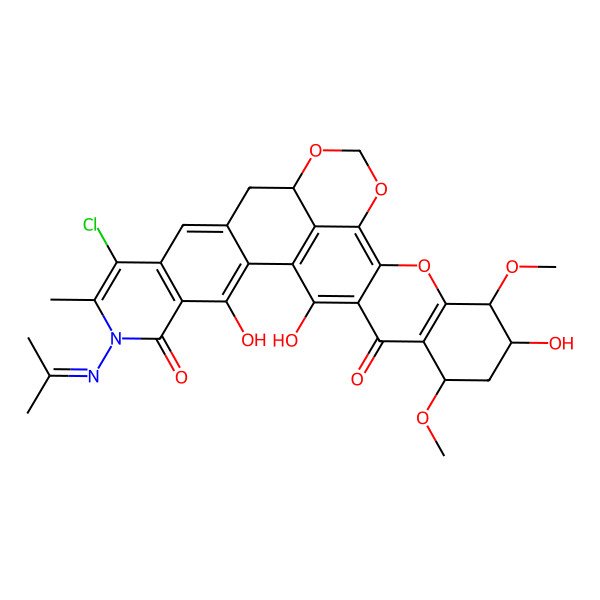 2D Structure of 8-Chloro-3,22,28-trihydroxy-21,24-dimethoxy-7-methyl-6-(propan-2-ylideneamino)-14,16,19-trioxa-6-azaheptacyclo[15.11.1.02,11.04,9.013,29.018,27.020,25]nonacosa-1(29),2,4(9),7,10,17,20(25),27-octaene-5,26-dione