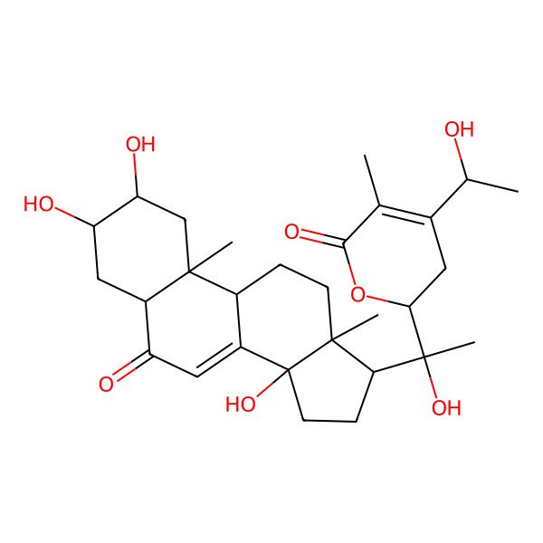 2D Structure of (2R)-4-[(1R)-1-hydroxyethyl]-2-[(1R)-1-hydroxy-1-[(2S,3R,5R,9R,10R,13R,14S,17S)-2,3,14-trihydroxy-10,13-dimethyl-6-oxo-2,3,4,5,9,11,12,15,16,17-decahydro-1H-cyclopenta[a]phenanthren-17-yl]ethyl]-5-methyl-2,3-dihydropyran-6-one