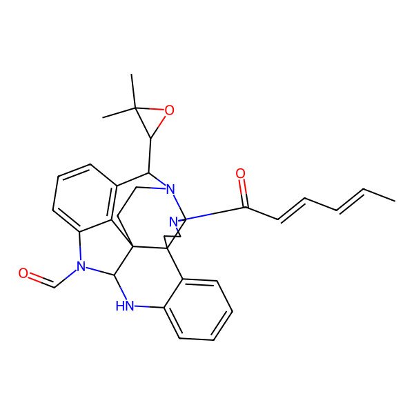 2D Structure of 25-(3,3-Dimethyloxiran-2-yl)-3-hexa-2,4-dienoyl-1,3,13,15-tetrazaheptacyclo[18.4.1.02,6.06,22.07,12.014,22.016,21]pentacosa-7,9,11,16,18,20-hexaene-15-carbaldehyde