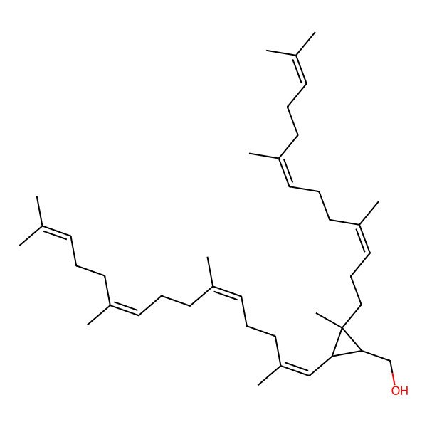 2D Structure of [(1R,2R,3R)-2-methyl-3-[(1E,5E,9E)-2,6,10,14-tetramethylpentadeca-1,5,9,13-tetraenyl]-2-[(3E,7E)-4,8,12-trimethyltrideca-3,7,11-trienyl]cyclopropyl]methanol