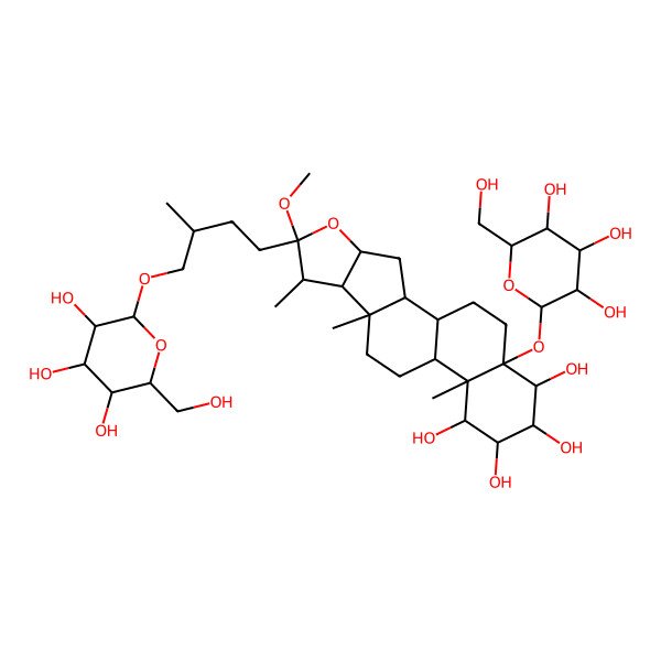 2D Structure of 6-Methoxy-7,9,13-trimethyl-6-[3-methyl-4-[3,4,5-trihydroxy-6-(hydroxymethyl)oxan-2-yl]oxybutyl]-18-[3,4,5-trihydroxy-6-(hydroxymethyl)oxan-2-yl]oxy-5-oxapentacyclo[10.8.0.02,9.04,8.013,18]icosane-14,15,16,17-tetrol