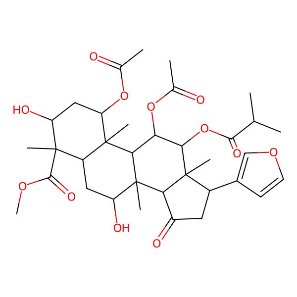 2D Structure of Methyl 1,11-diacetyloxy-17-(furan-3-yl)-3,7-dihydroxy-4,8,10,13-tetramethyl-12-(2-methylpropanoyloxy)-15-oxo-1,2,3,5,6,7,9,11,12,14,16,17-dodecahydrocyclopenta[a]phenanthrene-4-carboxylate