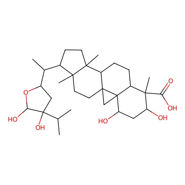 2D Structure of (1S,3S,4S,6S,7S,8R,11S,12S,15R,16R)-15-[(1R)-1-[(2R,4S,5S)-4,5-dihydroxy-4-propan-2-yloxolan-2-yl]ethyl]-4,6-dihydroxy-7,12,16-trimethylpentacyclo[9.7.0.01,3.03,8.012,16]octadecane-7-carboxylic acid
