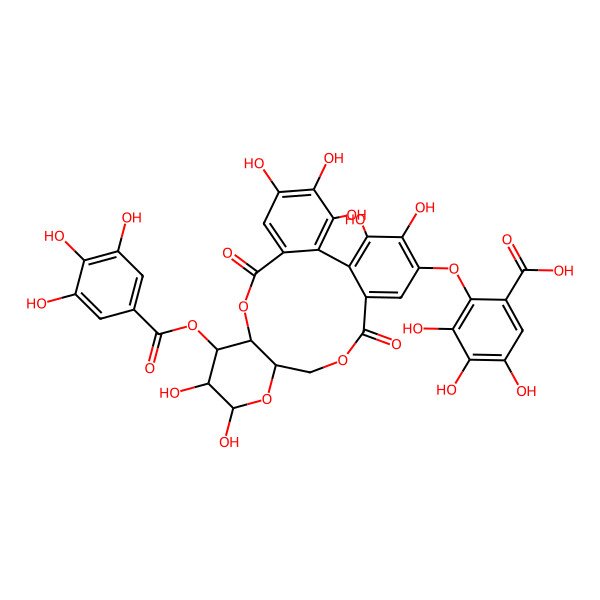 2D Structure of 2-[[3,4,5,12,13,22,23-Heptahydroxy-8,18-dioxo-11-(3,4,5-trihydroxybenzoyl)oxy-9,14,17-trioxatetracyclo[17.4.0.02,7.010,15]tricosa-1(23),2,4,6,19,21-hexaen-21-yl]oxy]-3,4,5-trihydroxybenzoic acid