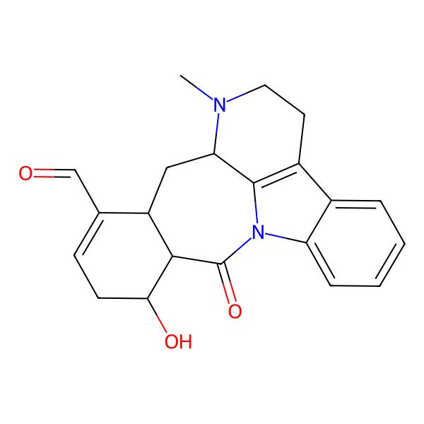 2D Structure of 18-Hydroxy-11-methyl-20-oxo-1,11-diazapentacyclo[10.8.1.02,7.08,21.014,19]henicosa-2,4,6,8(21),15-pentaene-15-carbaldehyde