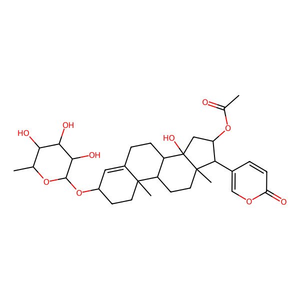 2D Structure of [14-Hydroxy-10,13-dimethyl-17-(6-oxopyran-3-yl)-3-(3,4,5-trihydroxy-6-methyloxan-2-yl)oxy-1,2,3,6,7,8,9,11,12,15,16,17-dodecahydrocyclopenta[a]phenanthren-16-yl] acetate