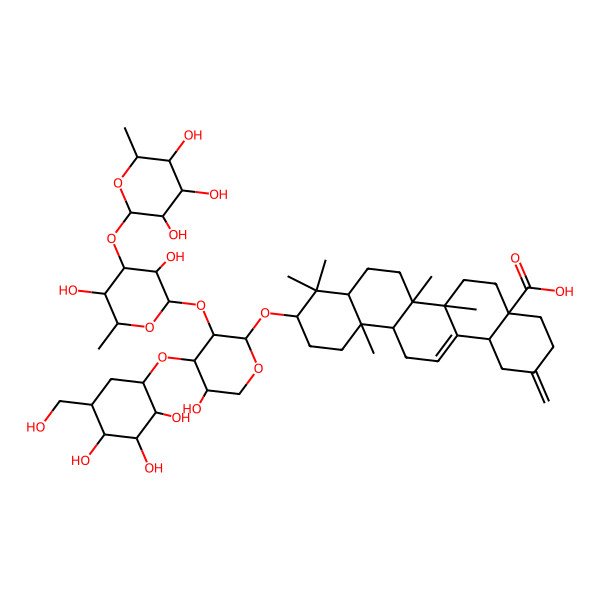 2D Structure of 10-[3-[3,5-Dihydroxy-6-methyl-4-(3,4,5-trihydroxy-6-methyloxan-2-yl)oxyoxan-2-yl]oxy-5-hydroxy-4-[2,3,4-trihydroxy-5-(hydroxymethyl)cyclohexyl]oxyoxan-2-yl]oxy-6a,6b,9,9,12a-pentamethyl-2-methylidene-1,3,4,5,6,6a,7,8,8a,10,11,12,13,14b-tetradecahydropicene-4a-carboxylic acid