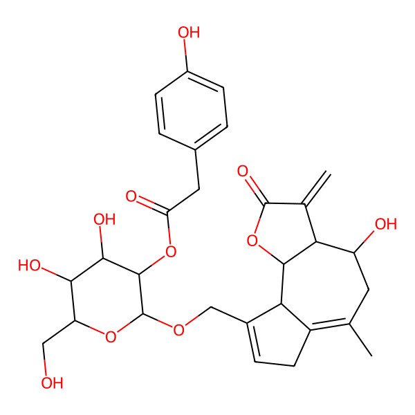 2D Structure of [4,5-Dihydroxy-6-(hydroxymethyl)-2-[(4-hydroxy-6-methyl-3-methylidene-2-oxo-3a,4,5,7,9a,9b-hexahydroazuleno[8,7-b]furan-9-yl)methoxy]oxan-3-yl] 2-(4-hydroxyphenyl)acetate