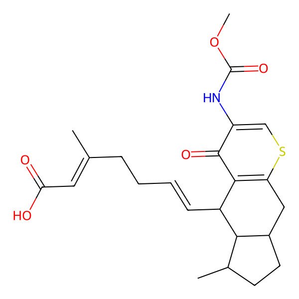 2D Structure of (2Z,6E)-7-[(5R,5Ar,6S,8aS)-3-(methoxycarbonylamino)-6-methyl-4-oxo-5a,6,7,8,8a,9-hexahydro-5H-cyclopenta[g]thiochromen-5-yl]-3-methylhepta-2,6-dienoic acid