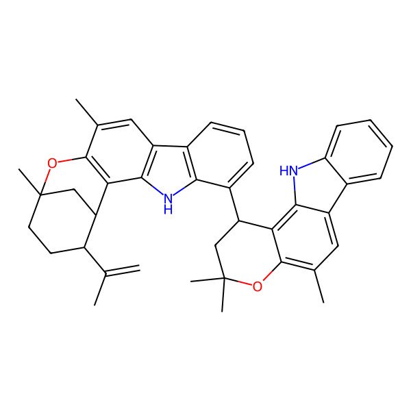 2D Structure of 13,16-dimethyl-19-prop-1-en-2-yl-6-(3,3,5-trimethyl-2,11-dihydro-1H-pyrano[3,2-a]carbazol-1-yl)-15-oxa-4-azapentacyclo[14.3.1.02,14.03,11.05,10]icosa-2(14),3(11),5(10),6,8,12-hexaene