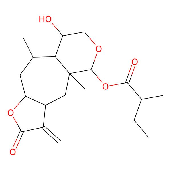 2D Structure of (11-Hydroxy-1,9-dimethyl-4-methylidene-5-oxo-6,13-dioxatricyclo[8.4.0.03,7]tetradecan-14-yl) 2-methylbutanoate