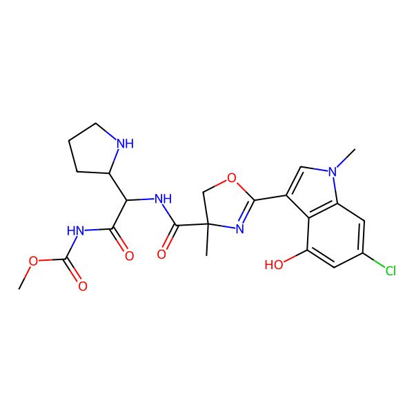 2D Structure of methyl N-[2-[[2-(6-chloro-4-hydroxy-1-methylindol-3-yl)-4-methyl-5H-1,3-oxazole-4-carbonyl]amino]-2-pyrrolidin-2-ylacetyl]carbamate