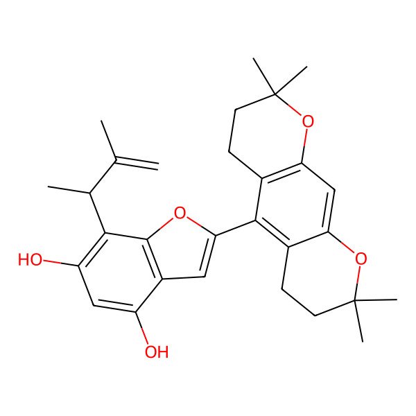 2D Structure of 7-(3-Methylbut-3-en-2-yl)-2-(2,2,8,8-tetramethyl-3,4,6,7-tetrahydropyrano[3,2-g]chromen-5-yl)-1-benzofuran-4,6-diol