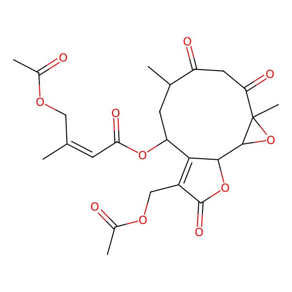 2D Structure of [12-(Acetyloxymethyl)-4,8-dimethyl-5,7,13-trioxo-3,14-dioxatricyclo[9.3.0.02,4]tetradec-11-en-10-yl] 4-acetyloxy-3-methylbut-2-enoate