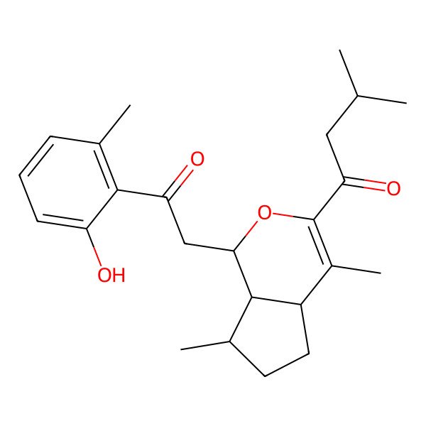 2D Structure of 1-[(1S,4aS,7S,7aR)-1-[2-(2-hydroxy-6-methylphenyl)-2-oxoethyl]-4,7-dimethyl-1,4a,5,6,7,7a-hexahydrocyclopenta[c]pyran-3-yl]-3-methylbutan-1-one