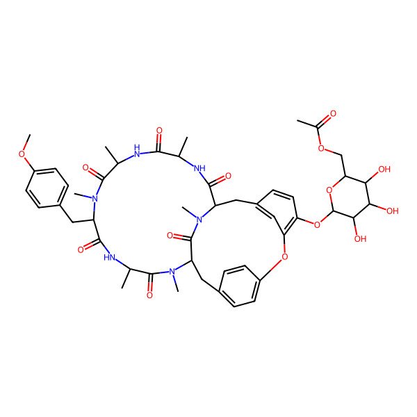 2D Structure of [(2R,3S,4S,5R,6S)-3,4,5-trihydroxy-6-[[(1S,4R,7S,10S,13S,16S)-10-[(4-methoxyphenyl)methyl]-4,7,9,13,15,29-hexamethyl-2,5,8,11,14,30-hexaoxo-22-oxa-3,6,9,12,15,29-hexazatetracyclo[14.12.2.218,21.123,27]tritriaconta-18,20,23,25,27(31),32-hexaen-24-yl]oxy]oxan-2-yl]methyl acetate