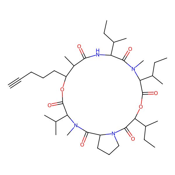 2D Structure of 3,6,9-Tri(butan-2-yl)-7,12,17-trimethyl-13-pent-4-ynyl-16-propan-2-yl-4,14-dioxa-1,7,10,17-tetrazabicyclo[17.3.0]docosane-2,5,8,11,15,18-hexone