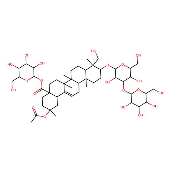 2D Structure of [(2R,3R,4S,5S,6R)-3,4,5-trihydroxy-6-(hydroxymethyl)oxan-2-yl] (2S,4aR,6aR,6aS,6bR,8aR,9R,10S,12aS,14bS)-2-acetyloxy-10-[(2S,3R,4S,5R,6R)-3,5-dihydroxy-6-(hydroxymethyl)-4-[(2S,3R,4S,5R,6R)-3,4,5-trihydroxy-6-(hydroxymethyl)oxan-2-yl]oxyoxan-2-yl]oxy-9-(hydroxymethyl)-2,6a,6b,9,12a-pentamethyl-1,3,4,5,6,6a,7,8,8a,10,11,12,13,14b-tetradecahydropicene-4a-carboxylate