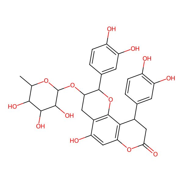 2D Structure of (2R,3S,10S)-2,10-bis(3,4-dihydroxyphenyl)-5-hydroxy-3-[(2S,3R,4R,5R,6S)-3,4,5-trihydroxy-6-methyloxan-2-yl]oxy-3,4,9,10-tetrahydro-2H-pyrano[2,3-f]chromen-8-one