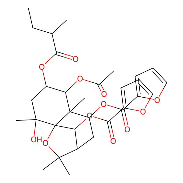 2D Structure of [(1S,2S,4S,5R,6R,7S,9R,12R)-5-acetyloxy-12-(furan-2-carbonyloxy)-2-hydroxy-2,6,10,10-tetramethyl-4-[(2R)-2-methylbutanoyl]oxy-11-oxatricyclo[7.2.1.01,6]dodecan-7-yl] furan-2-carboxylate
