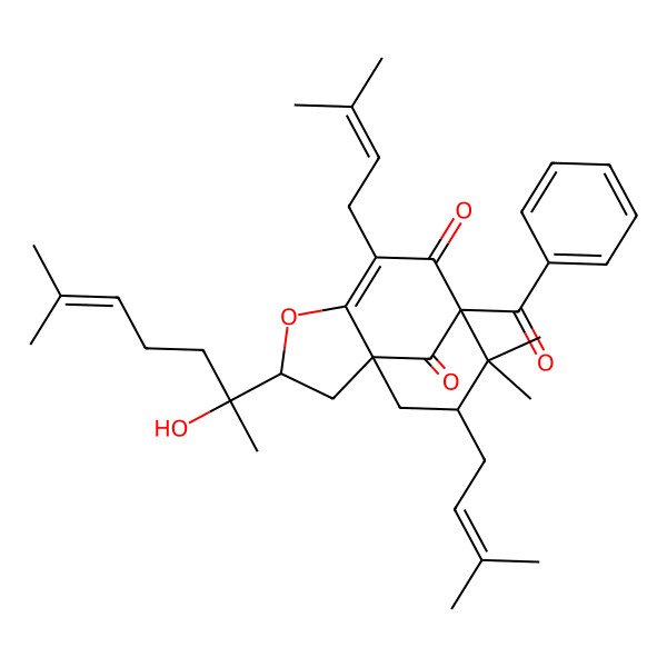 2D Structure of (1S,3S,8R,10R)-8-benzoyl-3-[(2S)-2-hydroxy-6-methylhept-5-en-2-yl]-9,9-dimethyl-6,10-bis(3-methylbut-2-enyl)-4-oxatricyclo[6.3.1.01,5]dodec-5-ene-7,12-dione