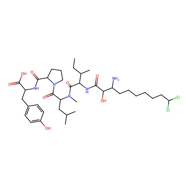 2D Structure of 2-[[1-[2-[[2-[(3-Amino-10,10-dichloro-2-hydroxydecanoyl)amino]-3-methylpentanoyl]-methylamino]-4-methylpentanoyl]pyrrolidine-2-carbonyl]amino]-3-(4-hydroxyphenyl)propanoic acid