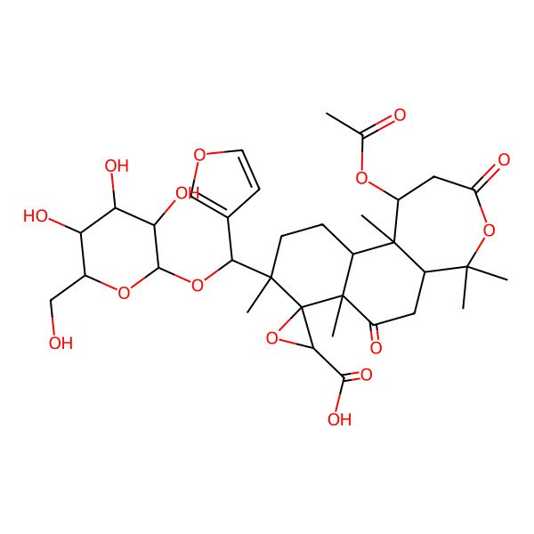 2D Structure of (1S,2'S,5aR,7aR,8R,9S,11aR,11bR)-1-acetyloxy-9-[(S)-furan-3-yl-[(2R,3R,4S,5S,6R)-3,4,5-trihydroxy-6-(hydroxymethyl)oxan-2-yl]oxymethyl]-5,5,7a,9,11b-pentamethyl-3,7-dioxospiro[2,5a,6,10,11,11a-hexahydro-1H-naphtho[2,1-c]oxepine-8,3'-oxirane]-2'-carboxylic acid