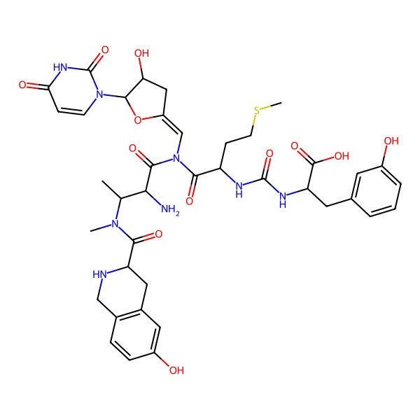 2D Structure of 2-[[(2S)-1-[[2-amino-3-[(6-hydroxy-1,2,3,4-tetrahydroisoquinoline-3-carbonyl)-methylamino]butanoyl]-[(E)-[5-(2,4-dioxopyrimidin-1-yl)-4-hydroxyoxolan-2-ylidene]methyl]amino]-4-methylsulfanyl-1-oxobutan-2-yl]carbamoylamino]-3-(3-hydroxyphenyl)propanoic acid