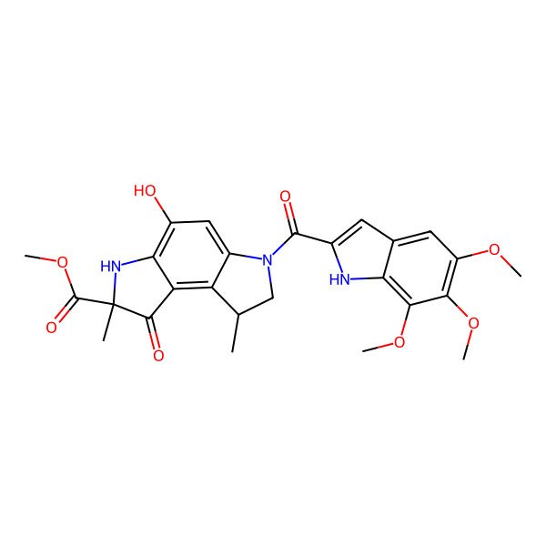 2D Structure of 4-Hydroxy-2,8-dimethyl-1-oxo-6-(4,5,6-trimethoxy-1H-indole-2-carbonyl)-1,2,3,6,7,8-hexahydro-3,6-diaza-AS-indacene-2-carboxylic acid methyl ester