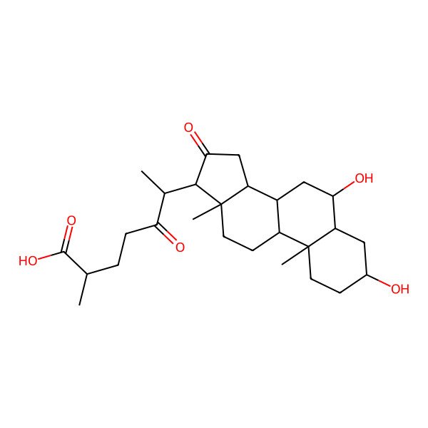 2D Structure of (2S,6R)-6-[(3R,5R,6R,8S,9R,10R,13S,14R,17R)-3,6-dihydroxy-10,13-dimethyl-16-oxo-1,2,3,4,5,6,7,8,9,11,12,14,15,17-tetradecahydrocyclopenta[a]phenanthren-17-yl]-2-methyl-5-oxoheptanoic acid