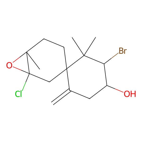 2D Structure of (1'S,2'R,3R)-2'-bromo-1-chloro-3',3',6-trimethyl-5'-methylidenespiro[7-oxabicyclo[4.1.0]heptane-3,4'-cyclohexane]-1'-ol
