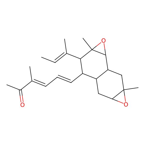 2D Structure of 6-(5-But-2-en-2-yl-4,11-dimethyl-3,10-dioxatetracyclo[5.5.0.02,4.09,11]dodecan-6-yl)-3-methylhexa-3,5-dien-2-one