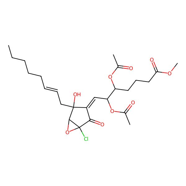 2D Structure of methyl (5S,6S,7Z)-5,6-diacetyloxy-7-[(1S,4S,5R)-1-chloro-4-hydroxy-4-[(E)-oct-2-enyl]-2-oxo-6-oxabicyclo[3.1.0]hexan-3-ylidene]heptanoate