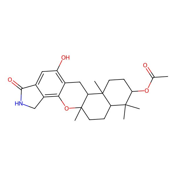 2D Structure of (10-Hydroxy-1,14,18,18-tetramethyl-7-oxo-2-oxa-6-azapentacyclo[11.8.0.03,11.04,8.014,19]henicosa-3,8,10-trien-17-yl) acetate