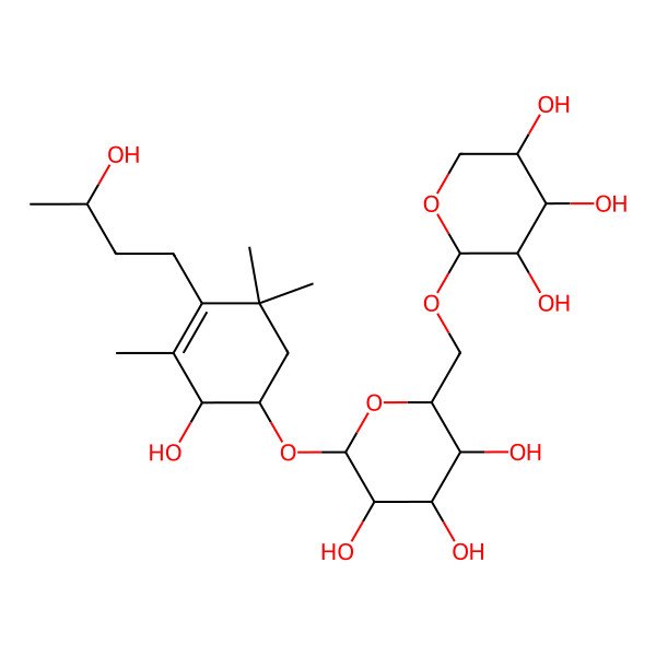 2D Structure of 2-[2-Hydroxy-4-(3-hydroxybutyl)-3,5,5-trimethylcyclohex-3-en-1-yl]oxy-6-[(3,4,5-trihydroxyoxan-2-yl)oxymethyl]oxane-3,4,5-triol